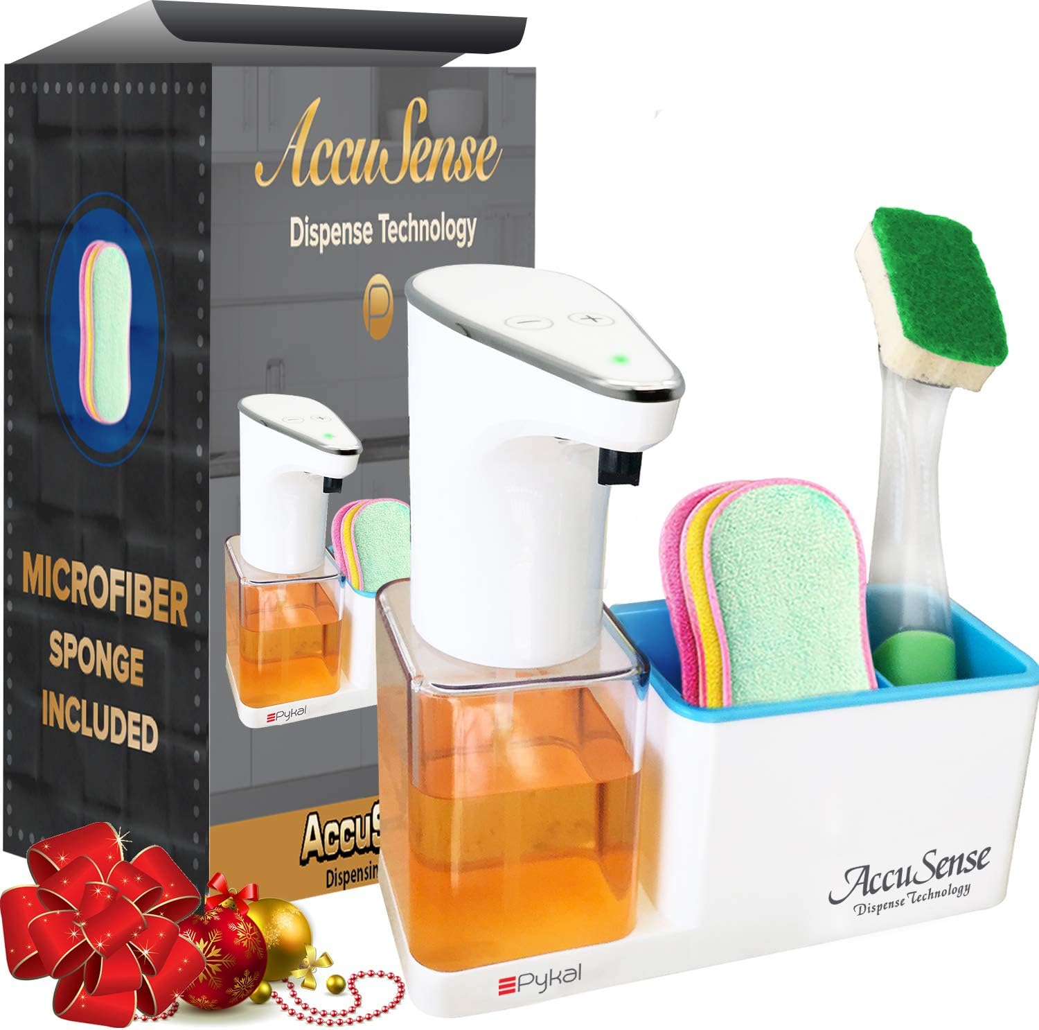 Pykal Premium 15 0z Kitchen Soap Dispenser with Sponge Holder | Automatic and Touchless Accusense Dispense Technology | 1 Year Warranty | Perfect Packaging for Christmas
