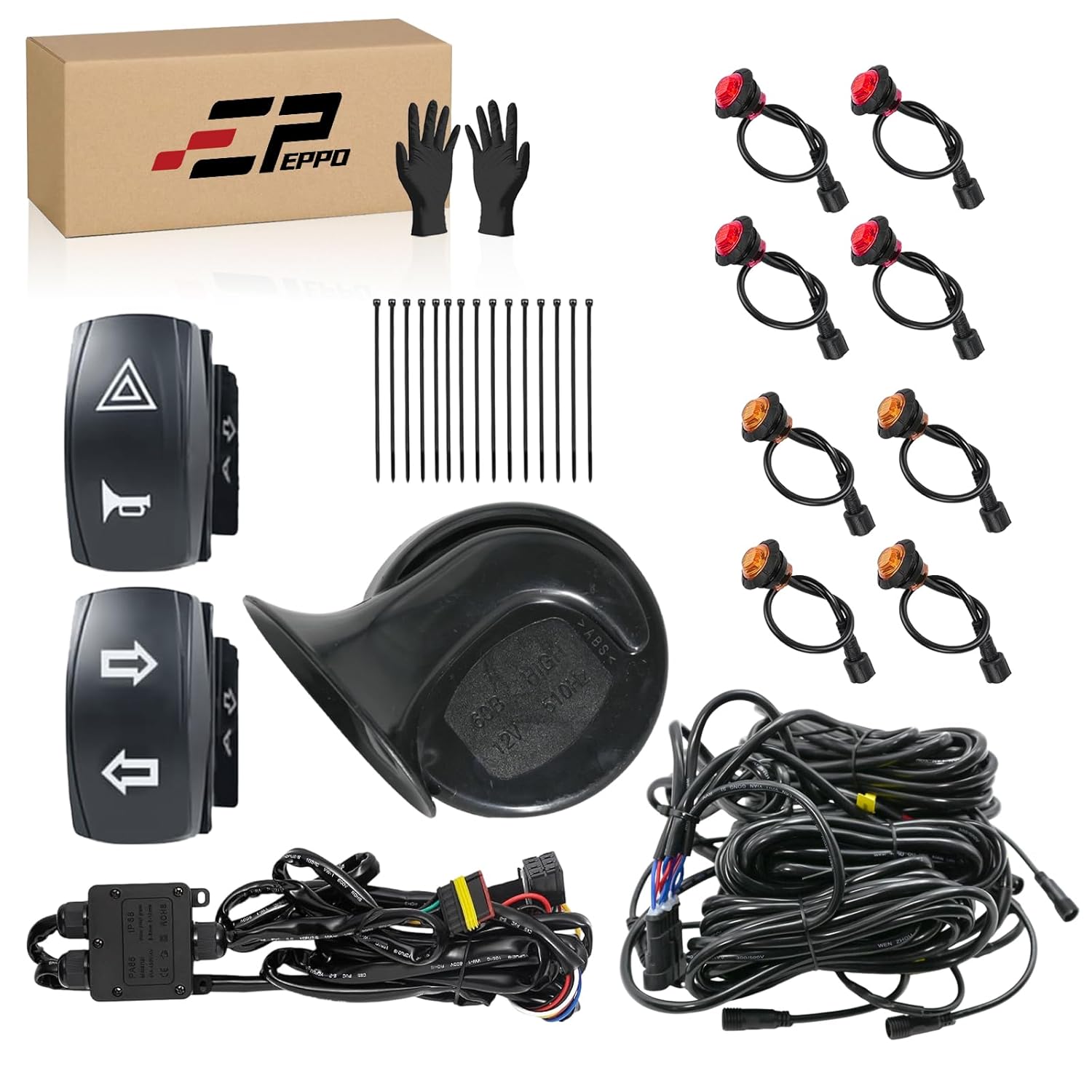 UTV Turn Signal Kit with 110D Horn, Left/Right Rocker Switch, Led Turn Signal x8, Horn Switch x1, Harness Set x1, Relay x1, Nylon Cable Ties Set x1 Compatible with Polaris, Can-Am, Kawasaki, CFMOTO