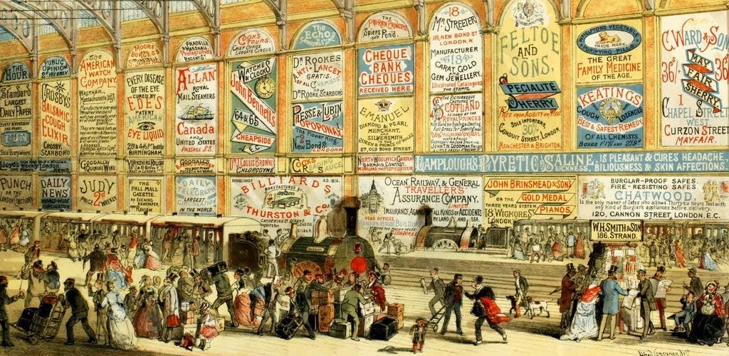 Wooden Jigsaw Puzzle Adults - Victorian Modern Advertising - A Railway Station in 1874. 519 Pieces. Made in USA by Nautilus Puzzles