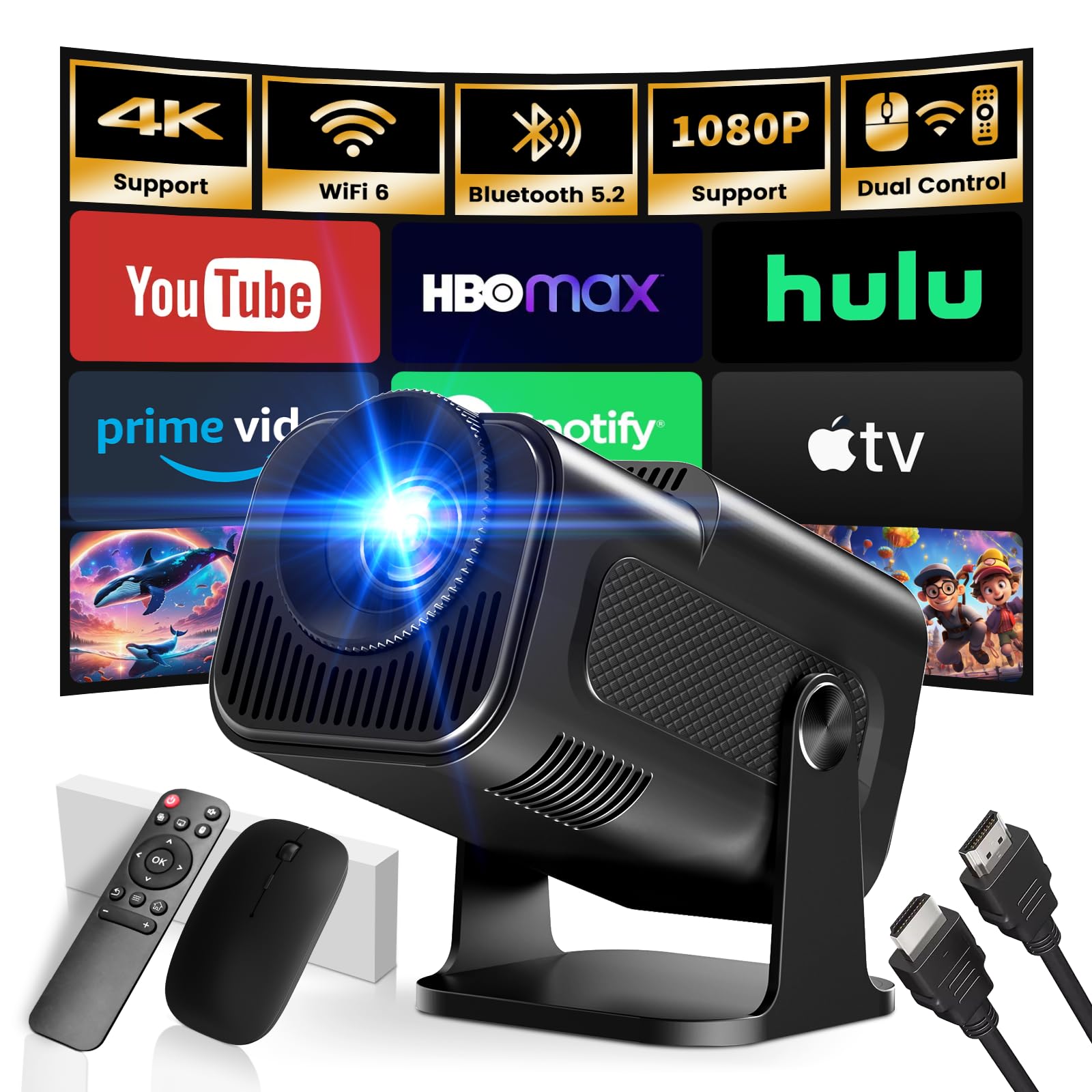 [Built-in App] 2026 Upgraded Portable Projector 1920x1080P 4K Supote Dual Control WiFi 6 BT5.2 180° Rotation Compatible with HDMI/TV Stick/USB/Laptop, Black