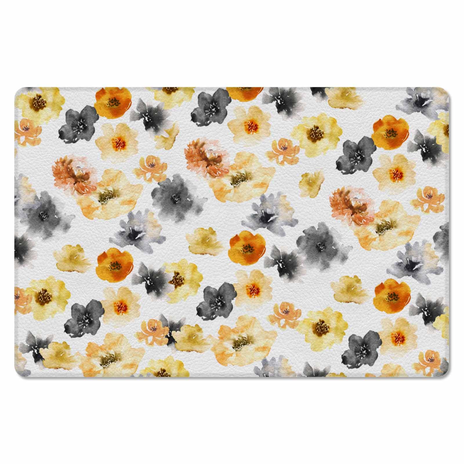 Yellow Painted Flower Kitchen Bath Door Mat Cushioned Runner Rug,Washable Welcome Floor Sink Antifatigue Mat,Waterproof & Non-Slip Comfort Standing Doormat,Black Orange Floral Simple White 24