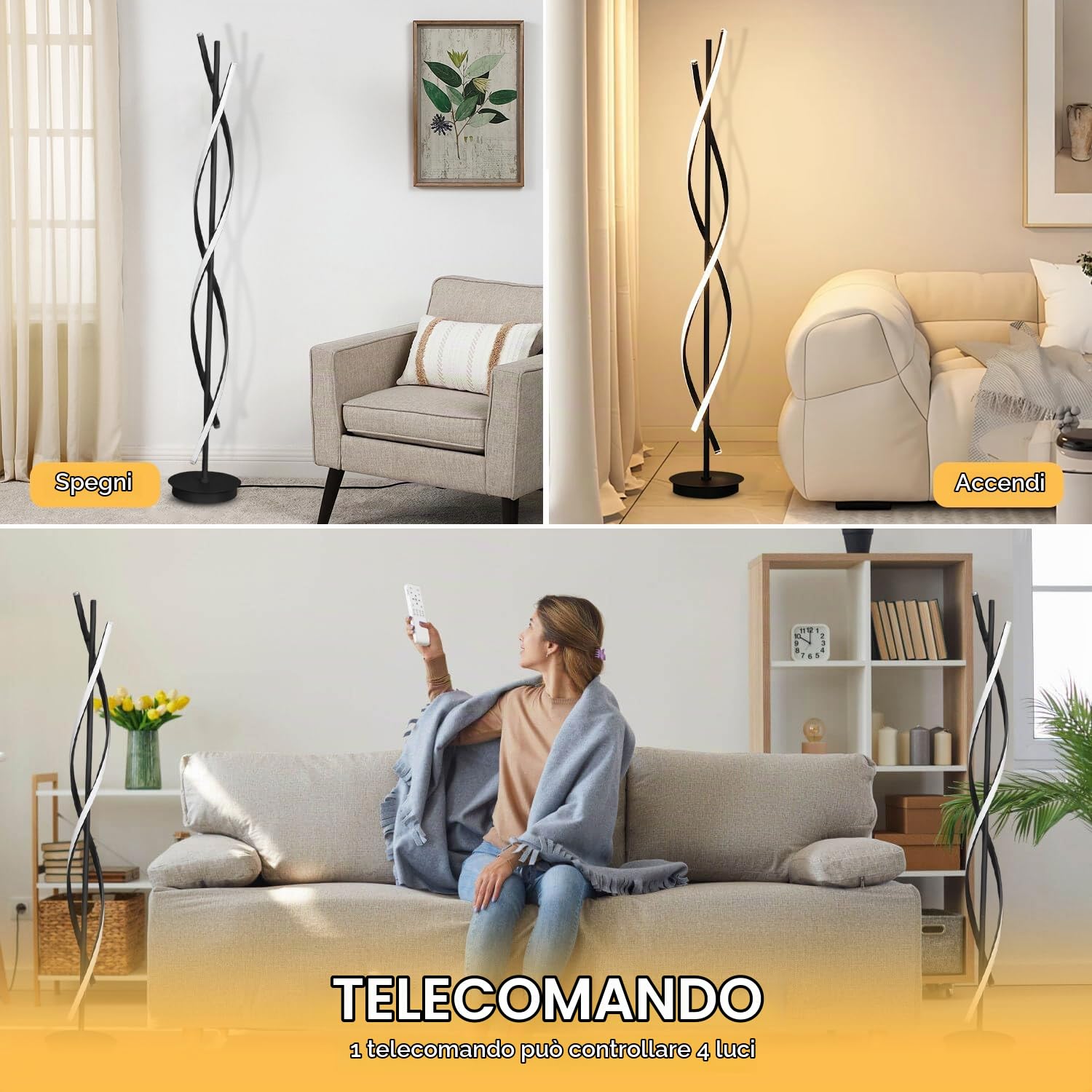 Lampada Da Terra LED Dimmerabile, 52W Piantana Lampada Da Terra Salotto, Moderna Lampada Da Pavimento Con Telecomando, 155cm Spirale Lampada Soggiorno Per Lettura, Camera Da Letto, Ufficio (BLACK)