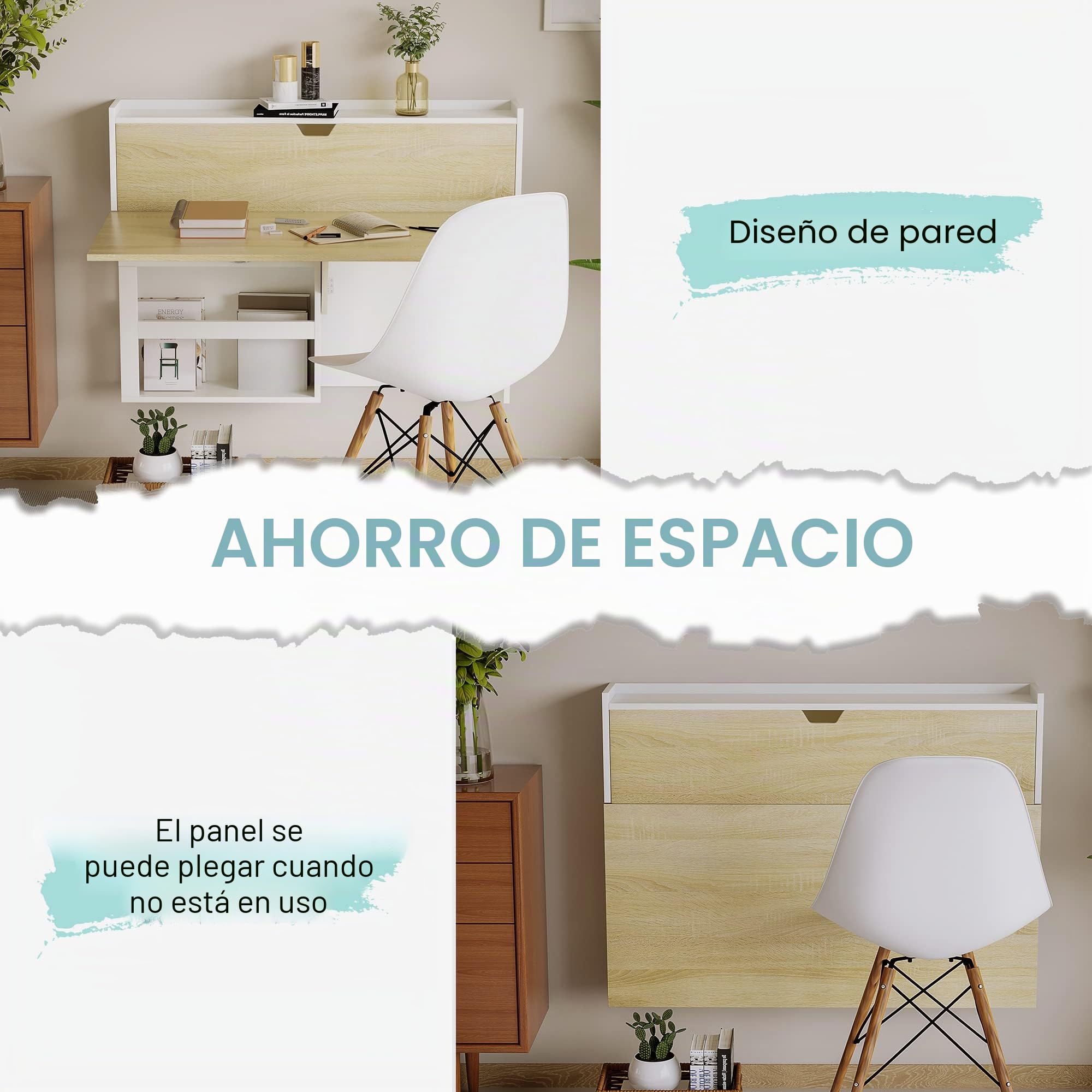 HOMCOM Escritorio Plegable de Pared con estantes Efecto Madera Natural