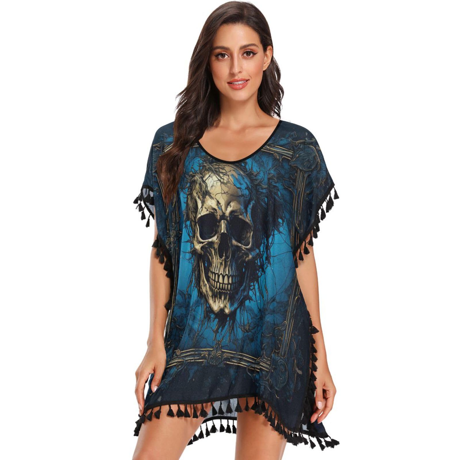 Cool Abstract Skull Art Women's Beach Cover Up Chiffon Tassel Swimwear Swimsuit Coverups for Girl