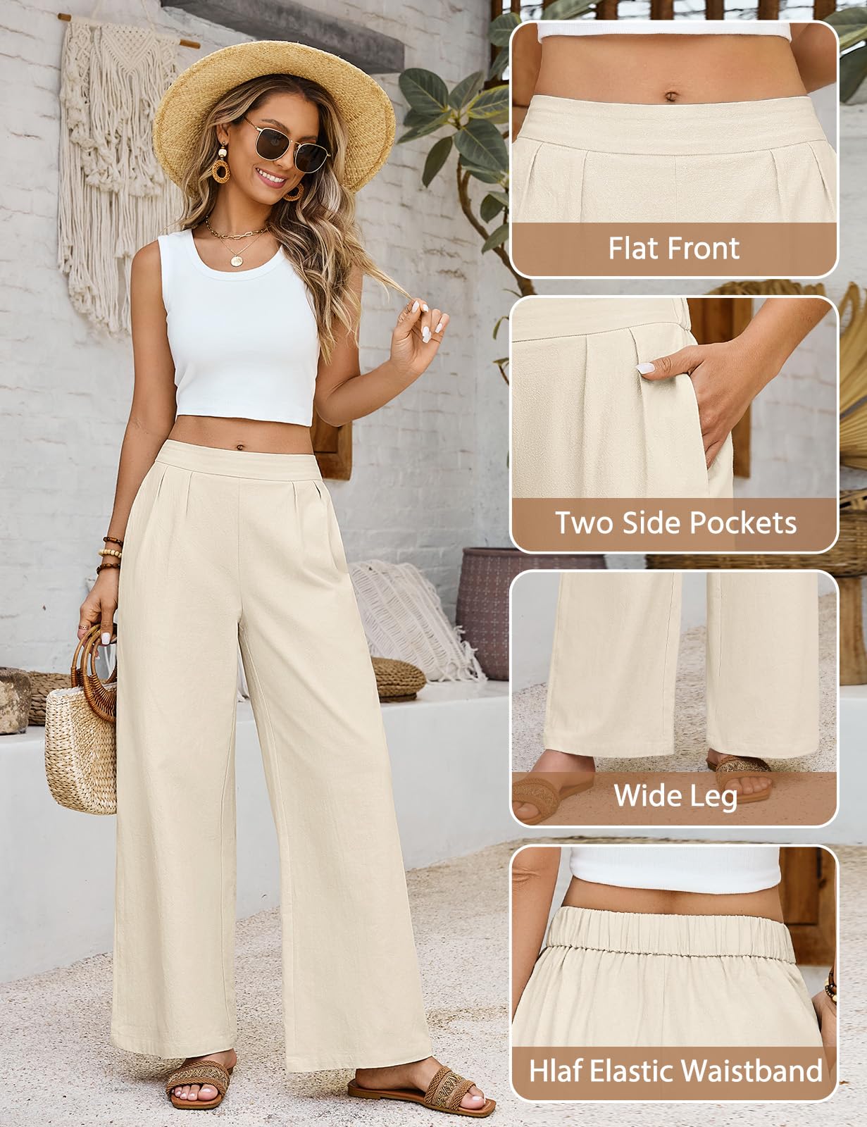 Pantalon Fluide Femme Été Coton Chic Leger Large Taille Elastique Décontractés en Tissu Confortables Plage avec Poche