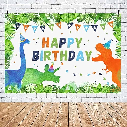 Miniatura 5 de Fondo de cumpleaños de dinosaurios de 7 x 5 pies para niños y niñas, dinosaurios, plantas del bosque, banderas, fondo de fotografía, decoración de