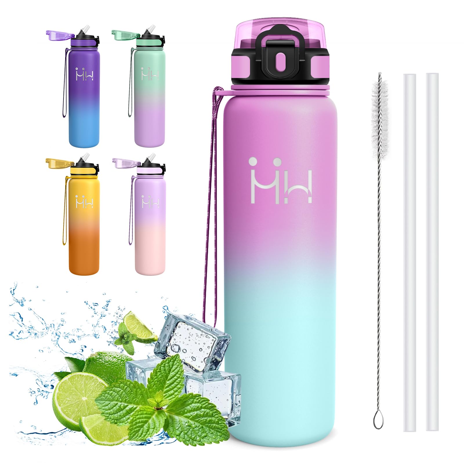 Mujigaga Thermal Water Bottle 1 Litre BPA-Free Drinking Bottle with Straw Leakless Thermal Water Bottles with Straw Toothbrush for Camping Pilates Work Hiking