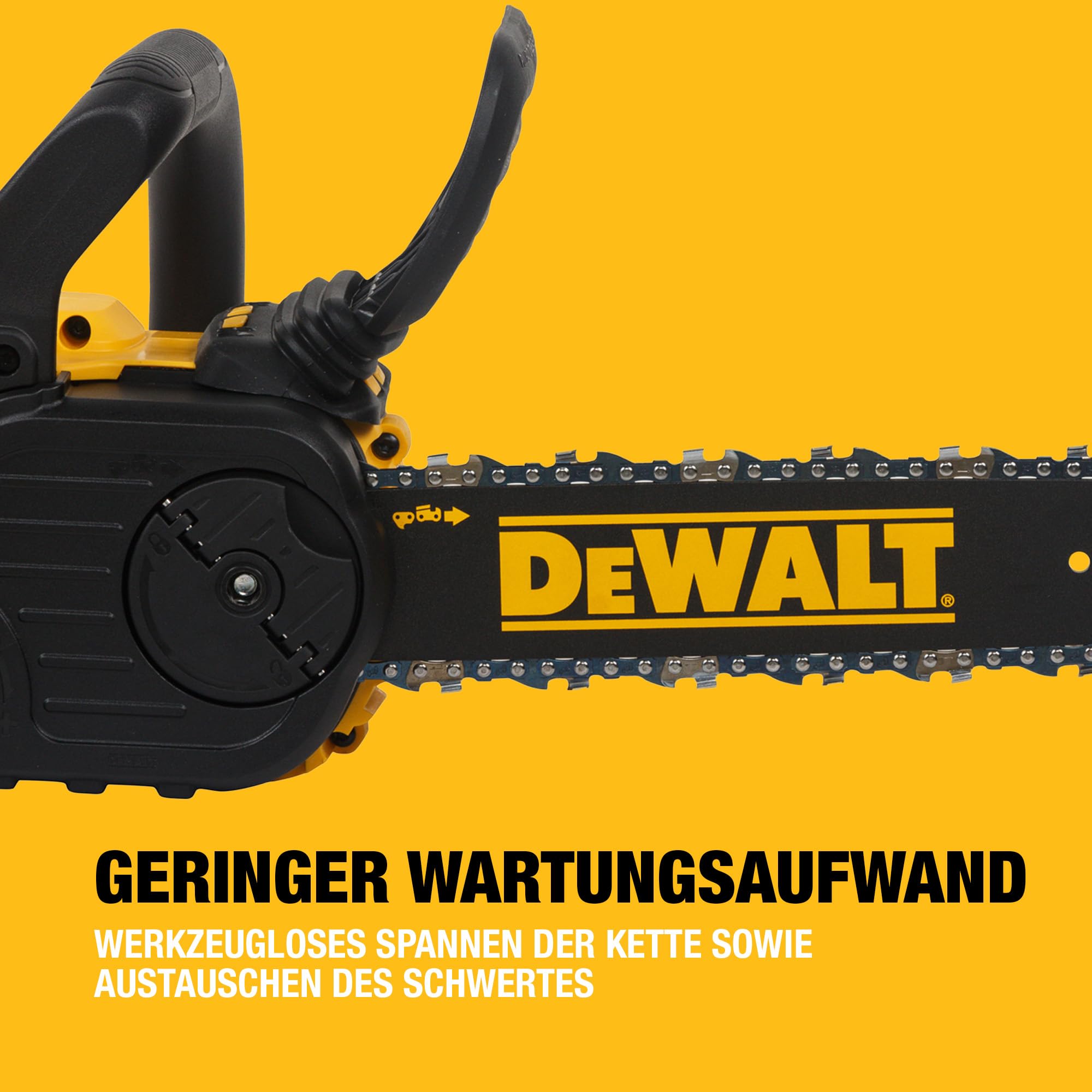 DEWALT 18 Volt Akku-Kettensäge (30 cm Schwert, bürstenloser Motor, werkzeuglose Kettenspannung, automatische Kettenschmierung, Kettenbremse, Lieferung ohne Akku und Ladegerät), DCM565N-XJ