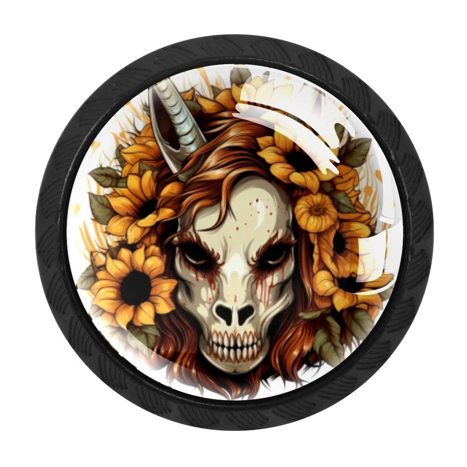 CHENZZZZ Unicorn Skull Sunflower Drawer Knobs 4 Pack Crystal Dresser Knobs 35mm Glass Cabinet Knobs for Home Office Bathroom