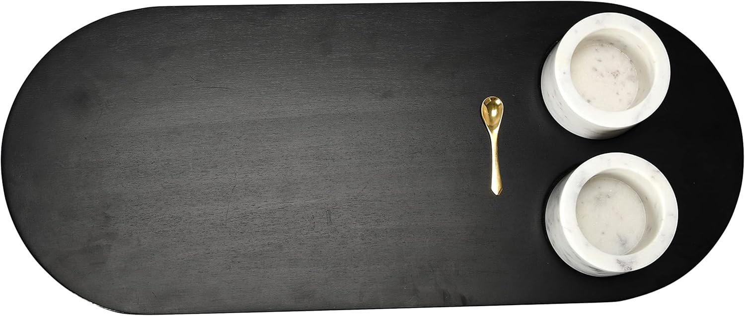 ( incomplete) Bloomingville Bloomingville Mango Wood Tray with 2 Marble Bowls and Gold Finish Stainless Steel Spoon, Set of 4