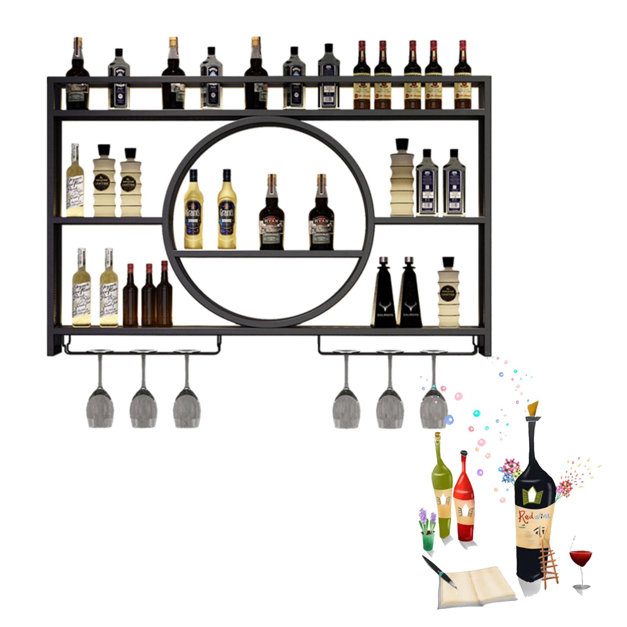 Botellero Vino Pared con Luz Mueble Bar, Garrafeira Mini con Soporte Copas Colgante para Sala de Estar y Cocina (100 * 80 * 15cm)