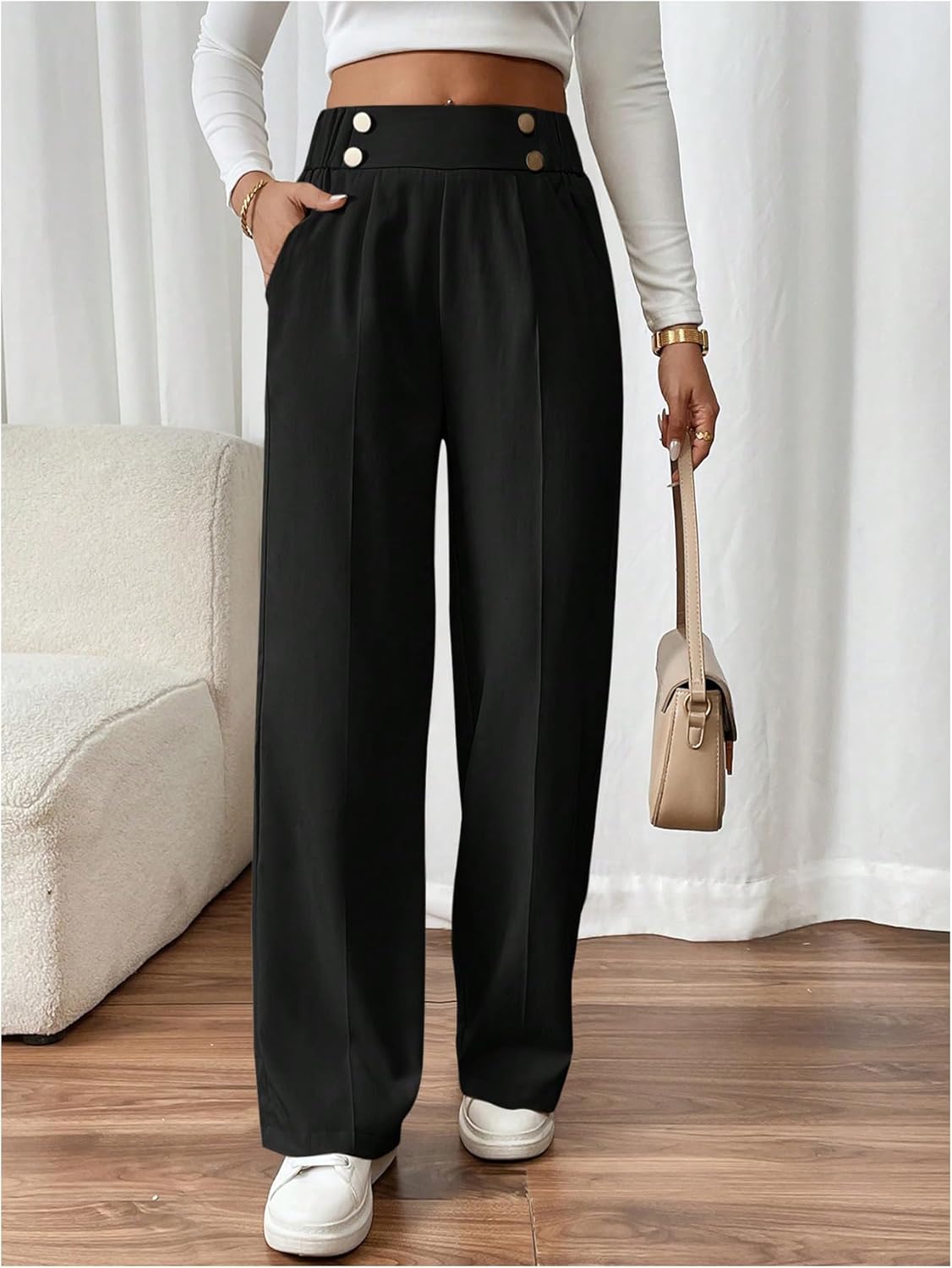 Verdusa Women's Double Buckle Wide Leg Pants High Waist Fall Casual Elegant Work Pants - Image 5
