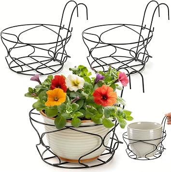 Noamus 3 Pack 10" Hanging Railing Planters Basket, Round Iron Rack Fence Shelf, Metal Wire Flower Pot Holder, Plants Hangers with Detachable Hook for Balcony Garden Indoor and Outdoor Black