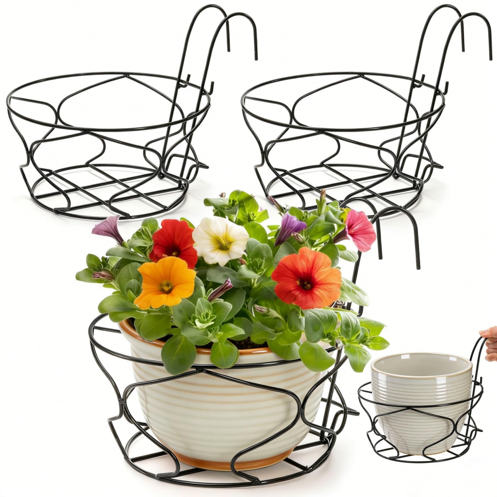 Noamus 3 Pack 25.4Cm Round Hanging Railing Planters, Large Fence Flower Pot Holder, Metal Pot Plant Basket, Plants Hangers with Detachable Hook for Balcony Garden Indoor and Outdoor (Black)