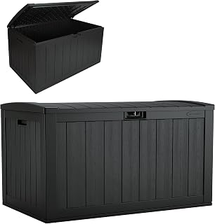 Suncast 134 Gallon Resin Deck Box - Extra Large Outdoor Patio Storage Bench, Pad-Lockable Lid for Cushions & Tools, Iron Ore