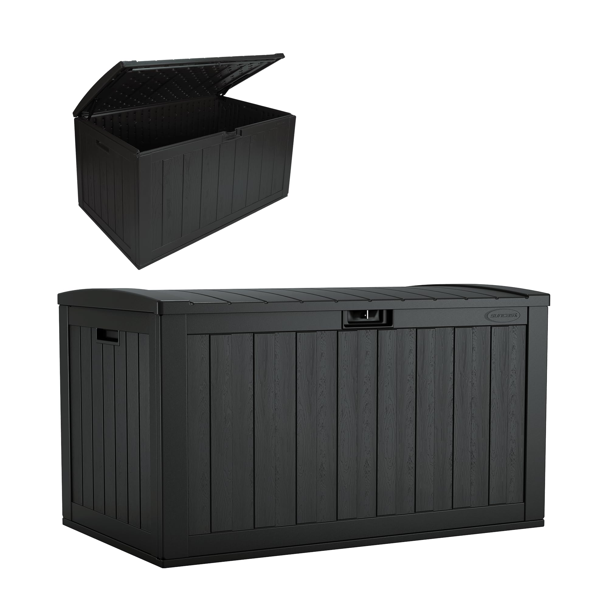 Suncast 134-Gal. Waterproof Resin Extra-Large Outdoor Patio Deck Box with Pad-Lockable Lid, Modern Outdoor Patio Bench/Storage Box for Cushions,