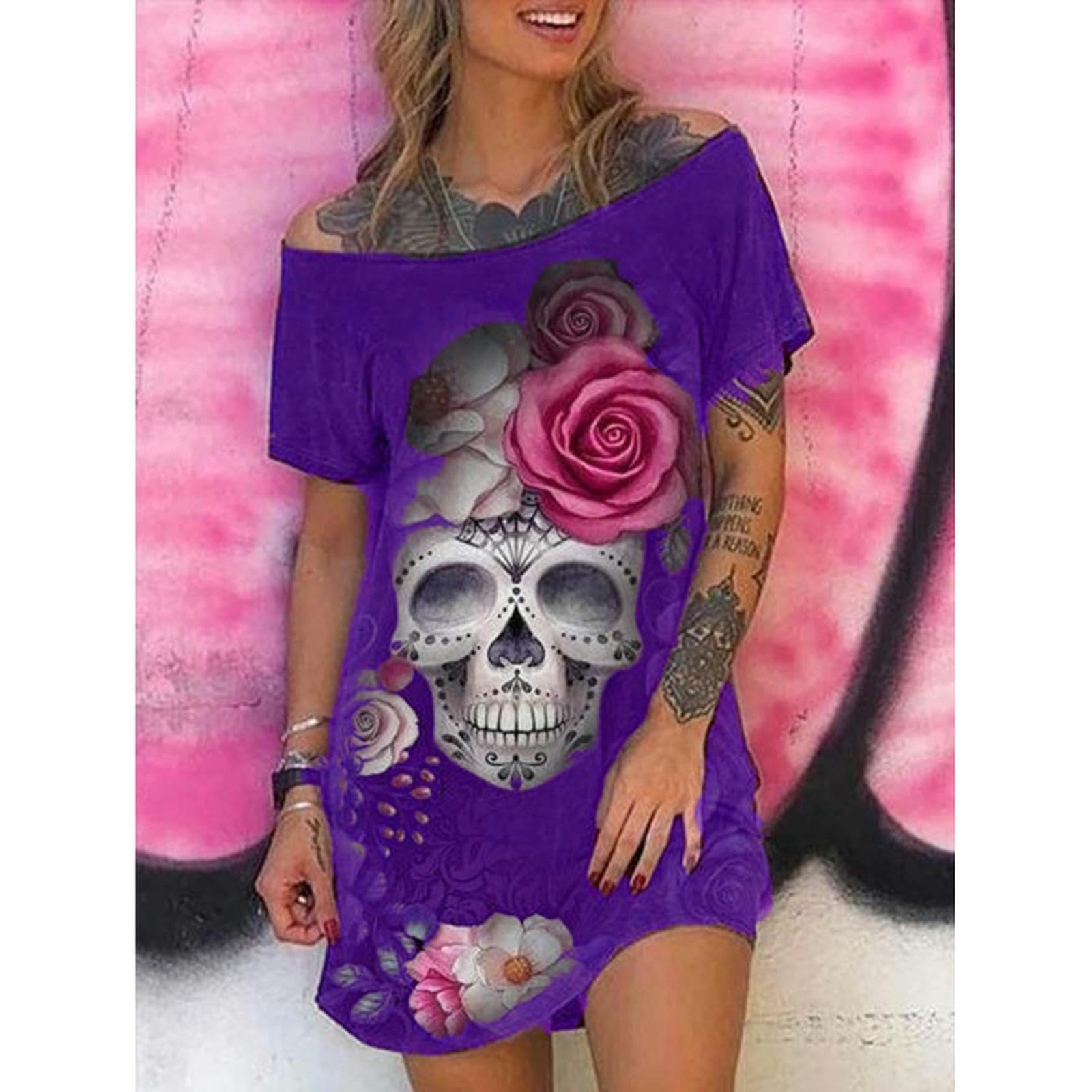 WEITING Robe de Grande Taille européenne et américaine à la Mode et Sexy épaule inclinée imprimé tête de Mort Jupe Courte à Manches Courtes pour Femme - Noir - 4XL