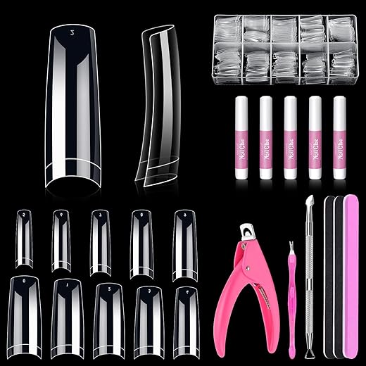 MORGLES Clear Acrylic Nail Tips, 500 Pcs French Nail Tips Square Half Cover with Glue, Clipper, Files and Cuticle Fork for Salons and Home DIY