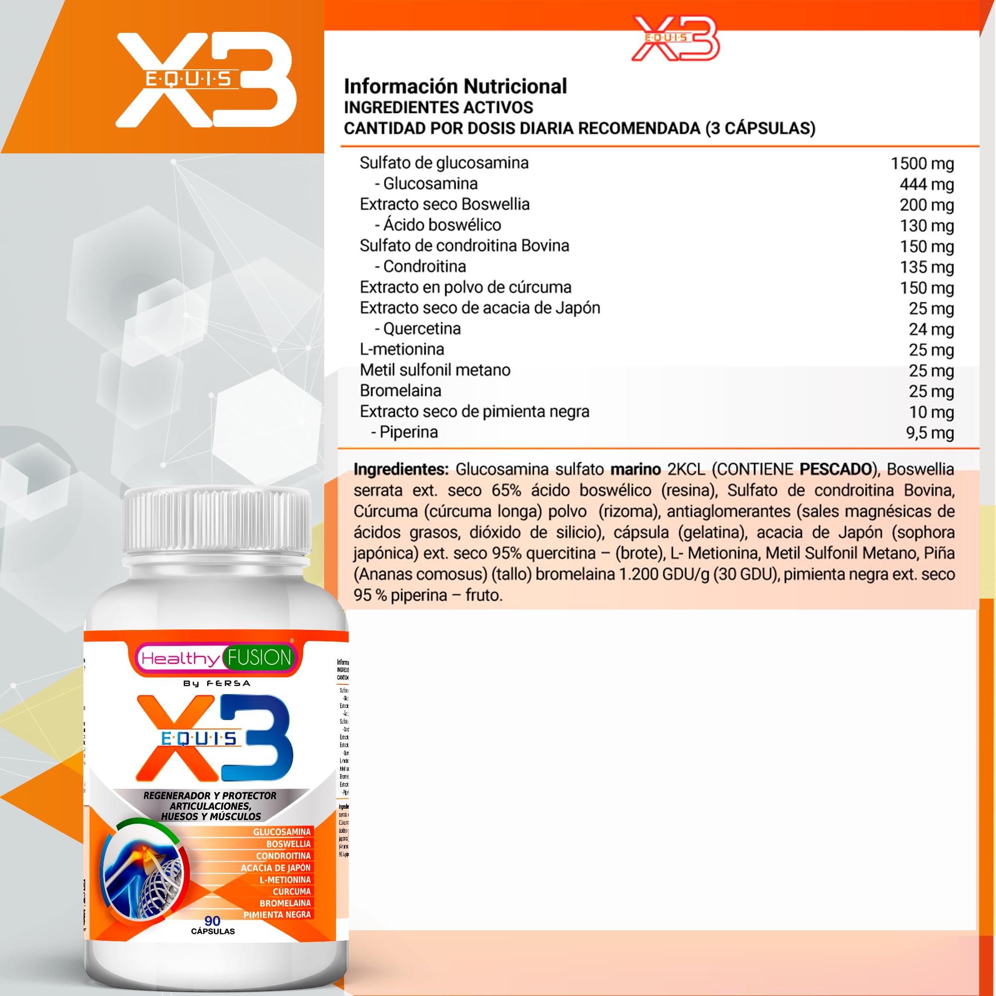 Healthy Fusion X3 Cúrcuma con Glucosamina y Condroitina | Potente antiinflamatorio Y analgésico natural | Elimina el dolor en músculos | Articulaciones y huesos | 90 Cáps (Paquete de 2)