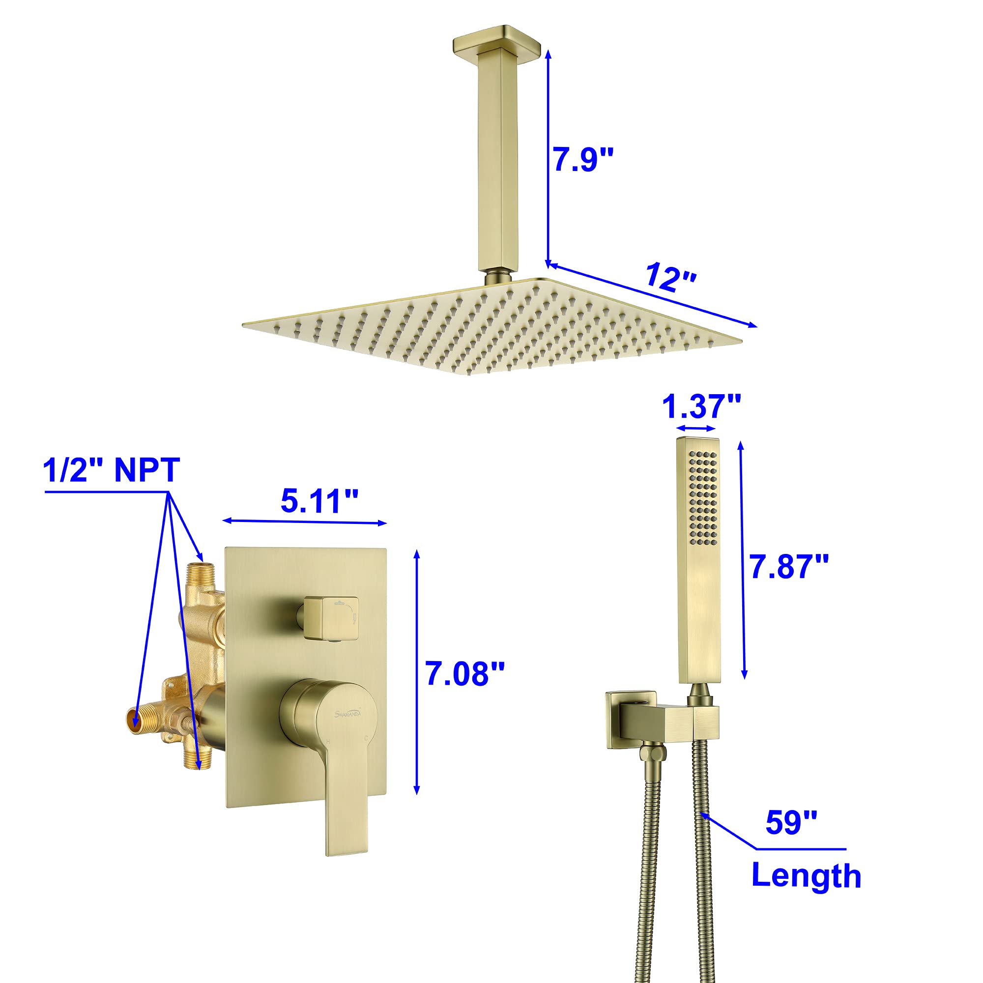 SHAMANDA Ceiling Mount Shower System, 12Inch Bathroom Luxury Rain