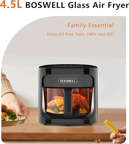 Miniatura 3 de BOSWELL Freidora de Aire de Vidrio, Tazón de Freír Transparente de 4.5QT, Calentamiento Circulante, No Tóxico, Freidora de Aire de Gran Capacidad