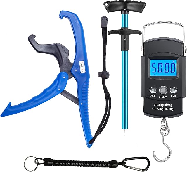 GRANDBUY Handheld Digital Fish Scale 110lb/50kg with Built-in Tape Measure 3 Feet Floating Fish Gripper Fishing Lanyard Fish Hook Remover Combo Kit