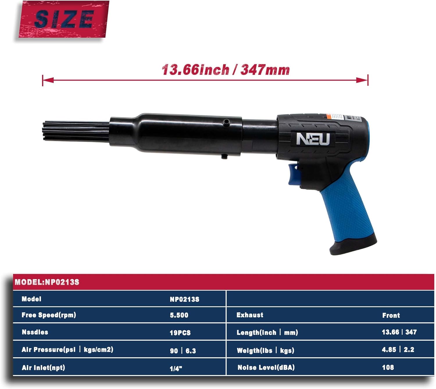 Needle Scaler, NEU PNEUPACTURE 19 Needles air Needle Scaler Gun, 5500bpm, Exhaust Front, Suitable for Rust Removal