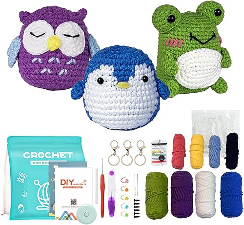 Madwave Kit de ganchillo para principiantes, kit de 3 animales de ganchillo (búho, pingüino, rana) para principiantes, adultos y niños con juego de