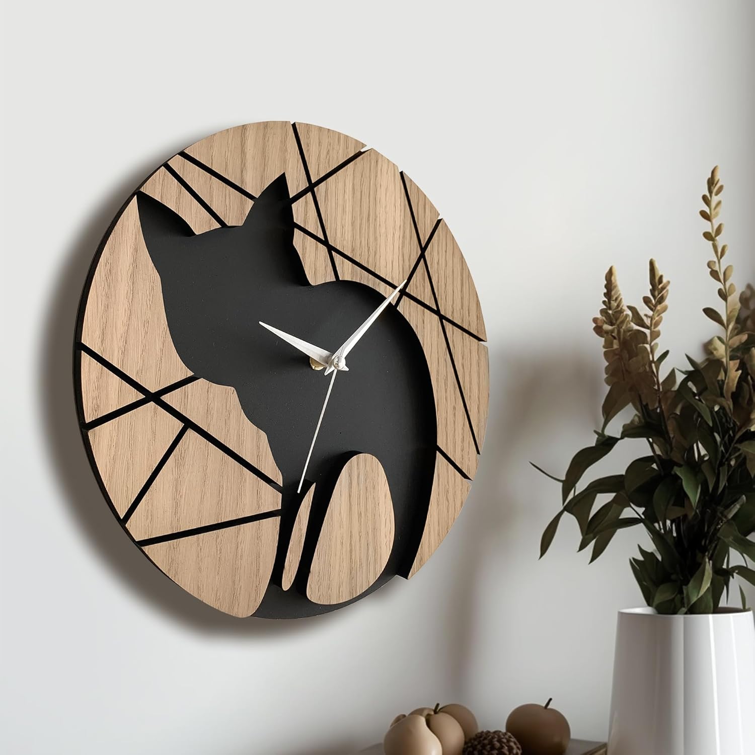 goodtime Cat Clock, Black & Natural Color, Modern, Silent Clock, 11"4 inches, Acrylic, Oak, Animal Theme, Quartz Mechanism, Unique Gift for Child Room, Unique Gift for Men, Women & Children (Color 1)