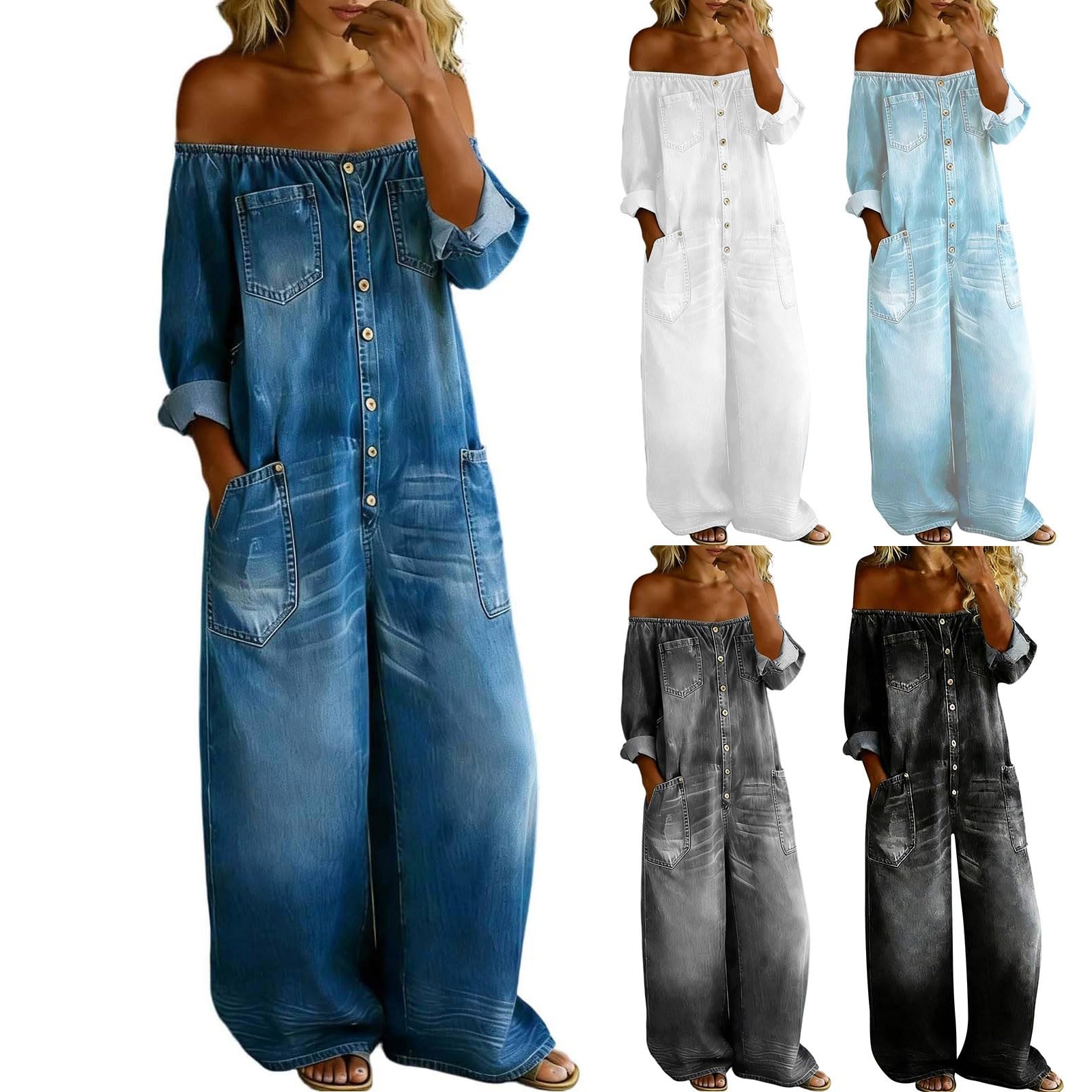 Generisch Mono para mujer de manga larga - Mono con hombros descubiertos, pierna ancha, con botones, pantalones vaqueros de una pieza, holgados, para el trabajo