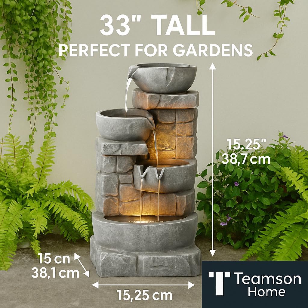 Diagram showing the 33-inch height and base dimensions of the Teamson Home outdoor water fountain