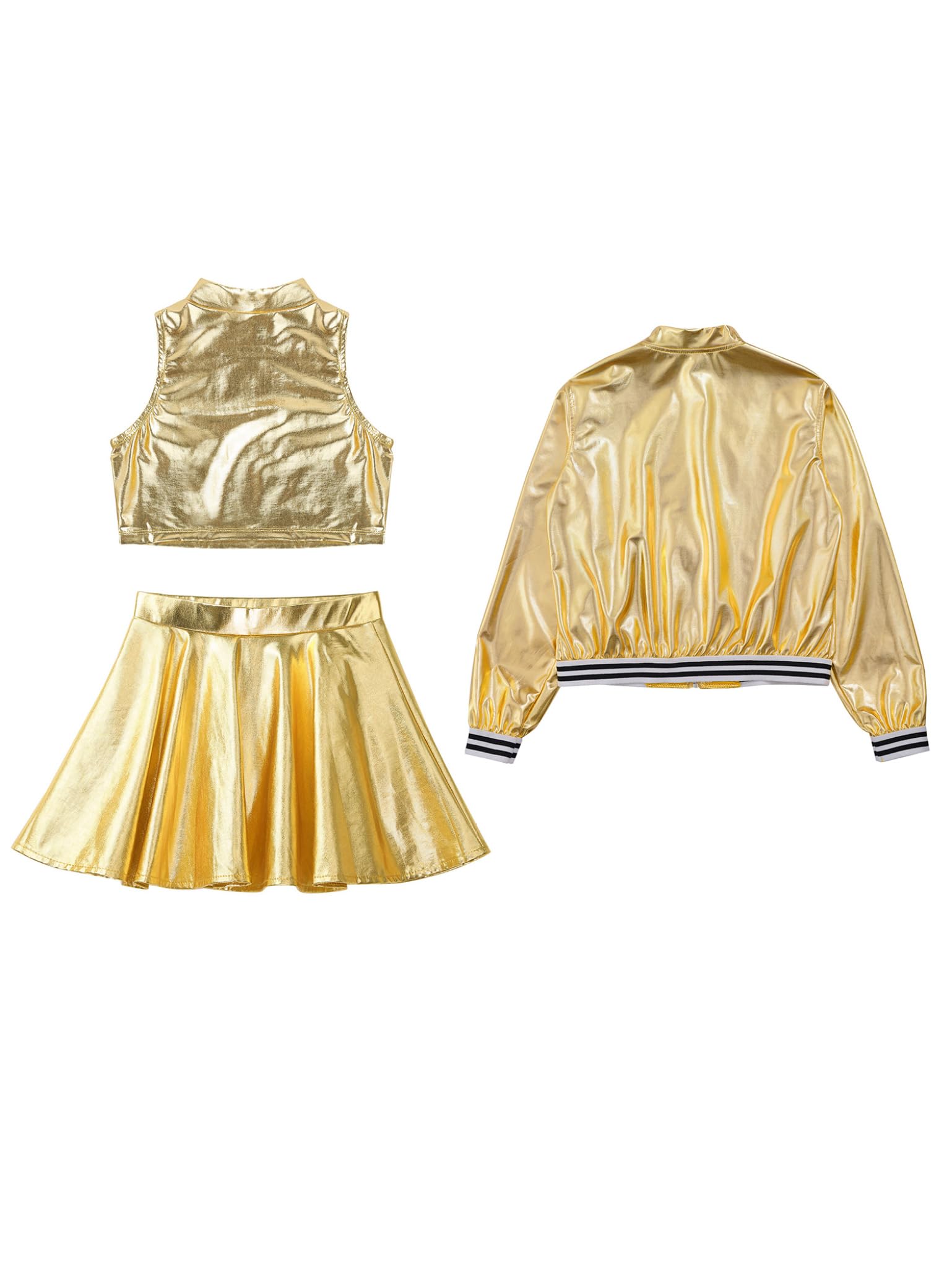 Lejafay Mädchen Glitzer 3Pcs Outfit Metallic Bomberjacke Crop Top und Skater Kinder Disco Rock Jazz Tanz Party Karneval Festival Bekleidungsse Jacke
