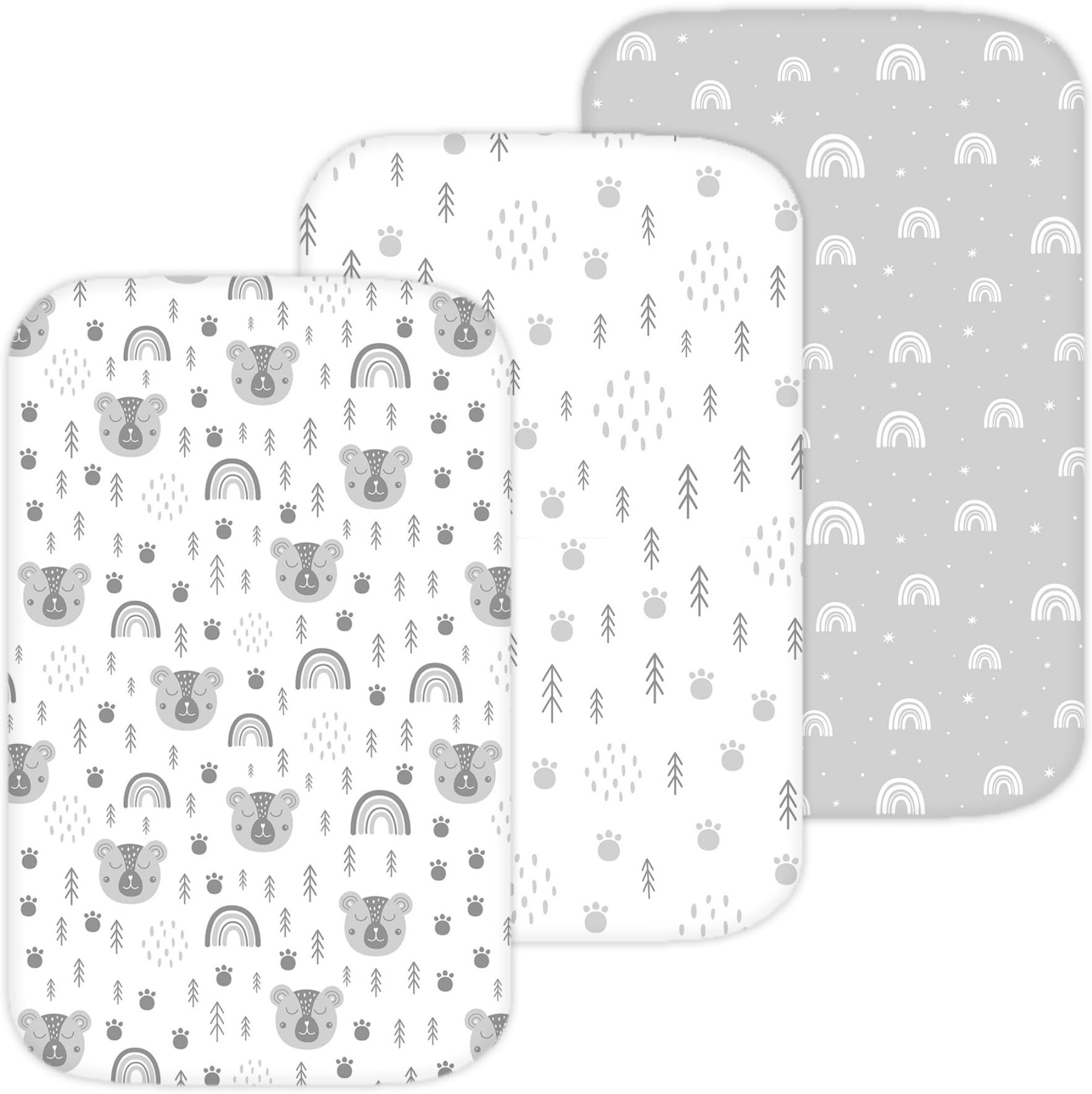 Bassinet Sheets for Maxi-Cosi Iora, Papablic 2 in 1 Bonni, Cowiewie Baby Bassinet Bedside Sleeper, 3 Pack, 33x20 Inch, Ultra Soft, Breathable Snug Fit, Unisex Boys Girls, Gray White (Woodland Rainbow)