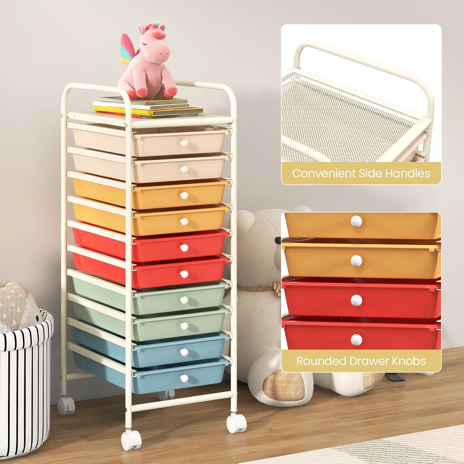 ARLIME 10-Drawer Storage Cart, 10 Drawer Trolley, Utility Mobile Trolley Suitable for Office and School, Rolling Office Organizer Tools (Macaron)