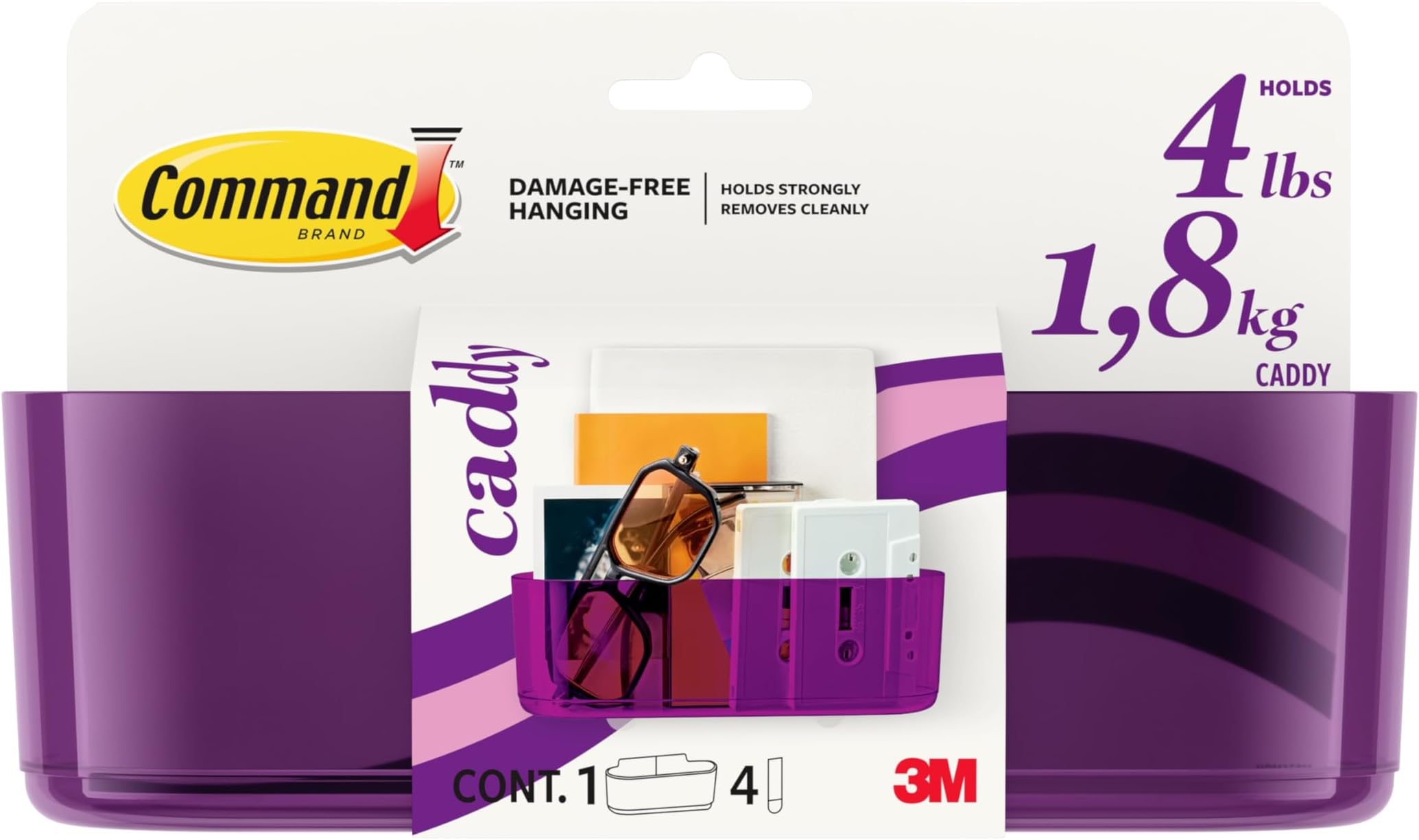 Command Clear Caddy, Candied Plum, 1 Caddy, 4 Strips, Damage Free Organization Wall Mount to Cabinet, Kitchen, Pantry, Closet, or Under Sink, Holds up to 4 lb