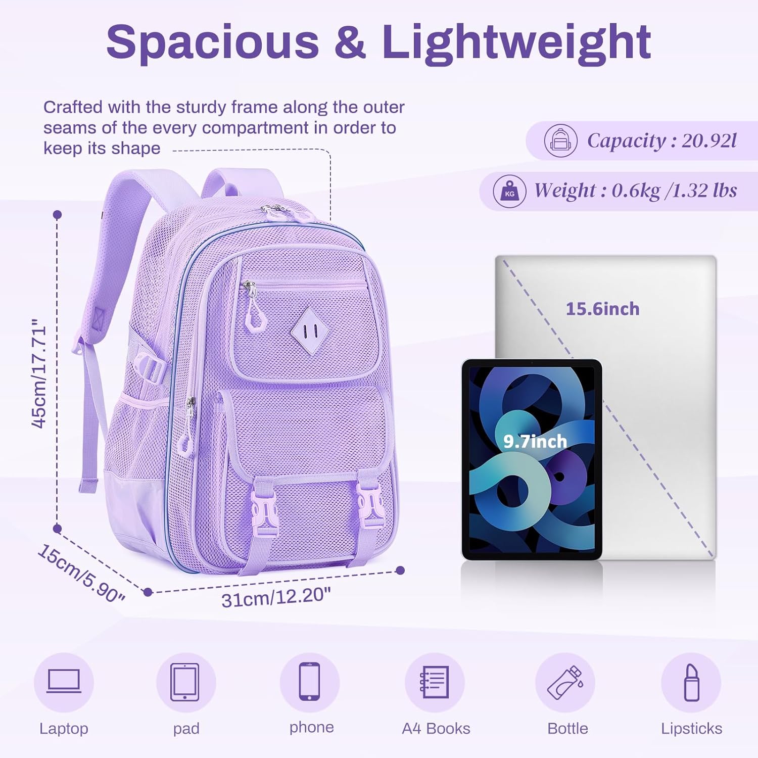 Mesh Backpack, 17in Heavy Duty Net Bookbag Ultra-Lightweight See Through Backpack Breathable Transparent Backpacks Clear Bag for School Beach Sports Gym,Purple - Image 3