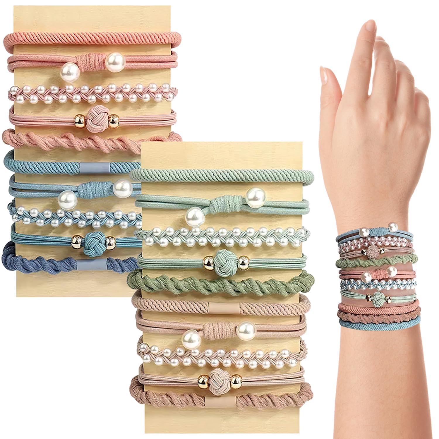 Pack of 20 Boho Hair Ties, Boho Hair Bobbles for Women and Girls Stretch Ponytail Holders with Pearl Elastic Hair Ties Bracelets for Thin Hair/Thick/Medium/Long Hair(natural)