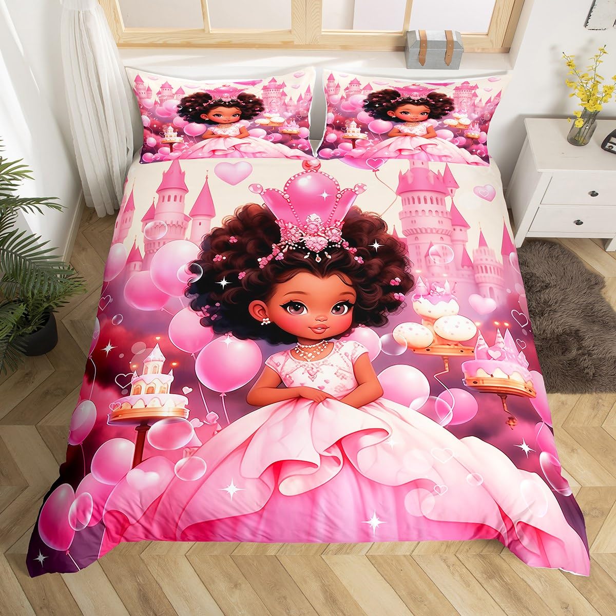 Manfei American Style Girl Bedding Set Twin Size 2 Pcs,Fairy Tale Black Princess Crown Glitter Duvet Cover for Kids Teens Girls,Dreamy Pink Castle Birthday Cake Bedding Quilt Cover Set