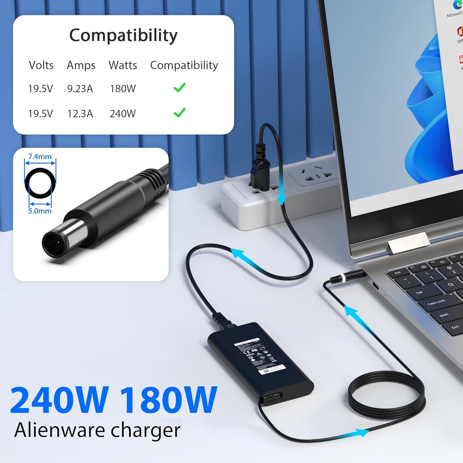 240W 180W 7.4mm Tip Laptop Charger Compatible with Dell Alienware 13 15 17 R1 R2 R3 R4 X51 M17 M15 M17X M18X,Dell Precision 17 7710 7730 7670 7780 7770 M6500 M6700 Adapter Power Cord