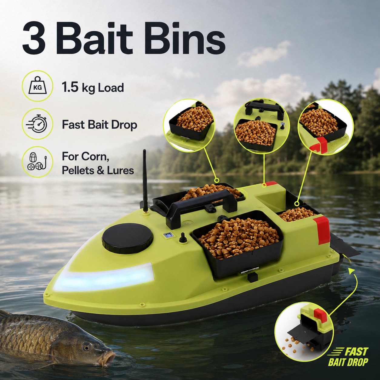 Barca da pesca con GPS, barca da esca radiocomandata, 600 m, portata 1,5 kg, 99 punti di posizione, doppio motore, luce notturna a LED, batteria 2 x 5200 mAh, barca da pesca impermeabile per