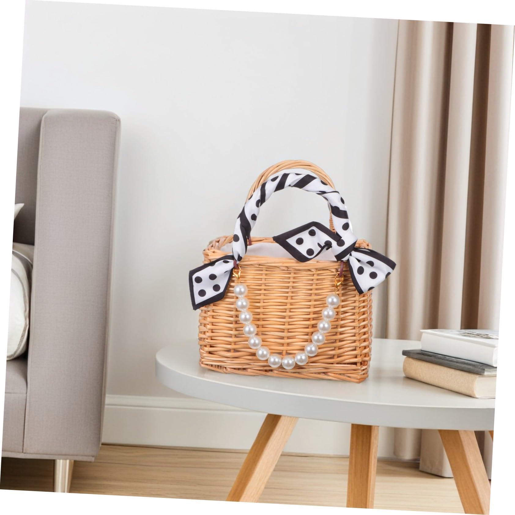ABOOFAN Rattan Woven Handbag con Asa de Perlas Falsas Bolso Mano Versátil para Bodas Playa y Decoración del Hogar Diseño Abierto para Fácil