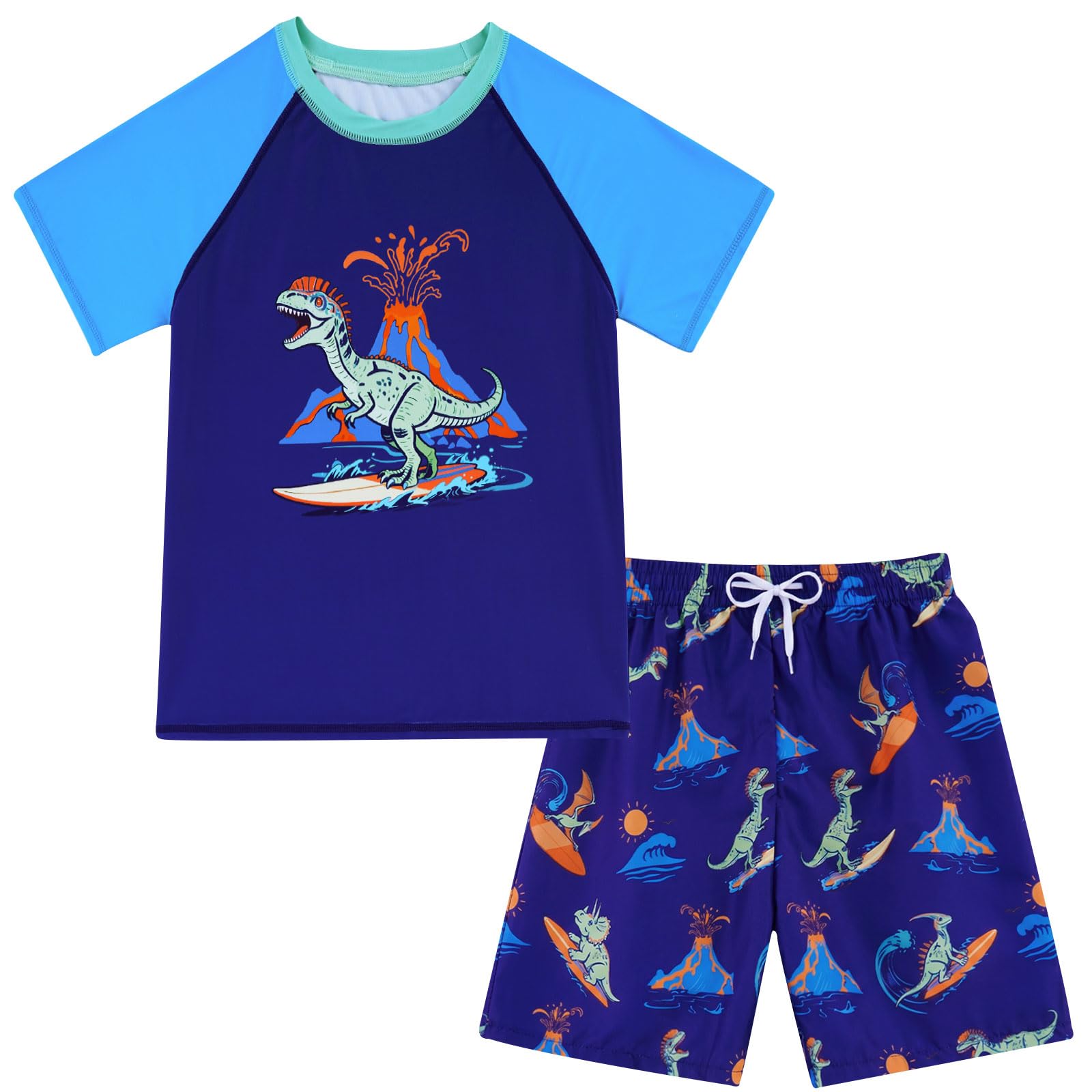 Boys Short Sleeve Rash Guard Swimsuit Set with Swim Trunks for 4-12 Years