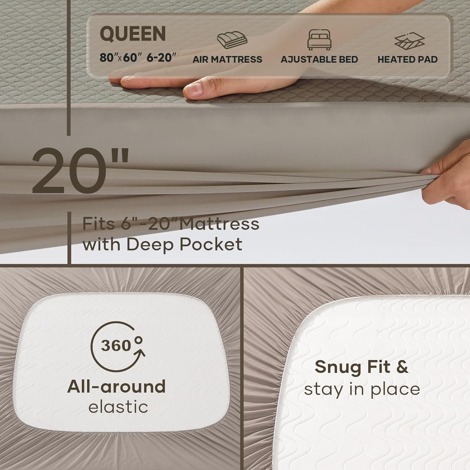 OhGeni 100% Waterproof Mattress Protector,Queen Size Mattress Soft Pad,Pet Hair & Bedwetting Resistant,Cooling Breathable Fitted Sheets,Washable Bed Cover,Non-Slip Deep Pocket,Noiseless,Brown