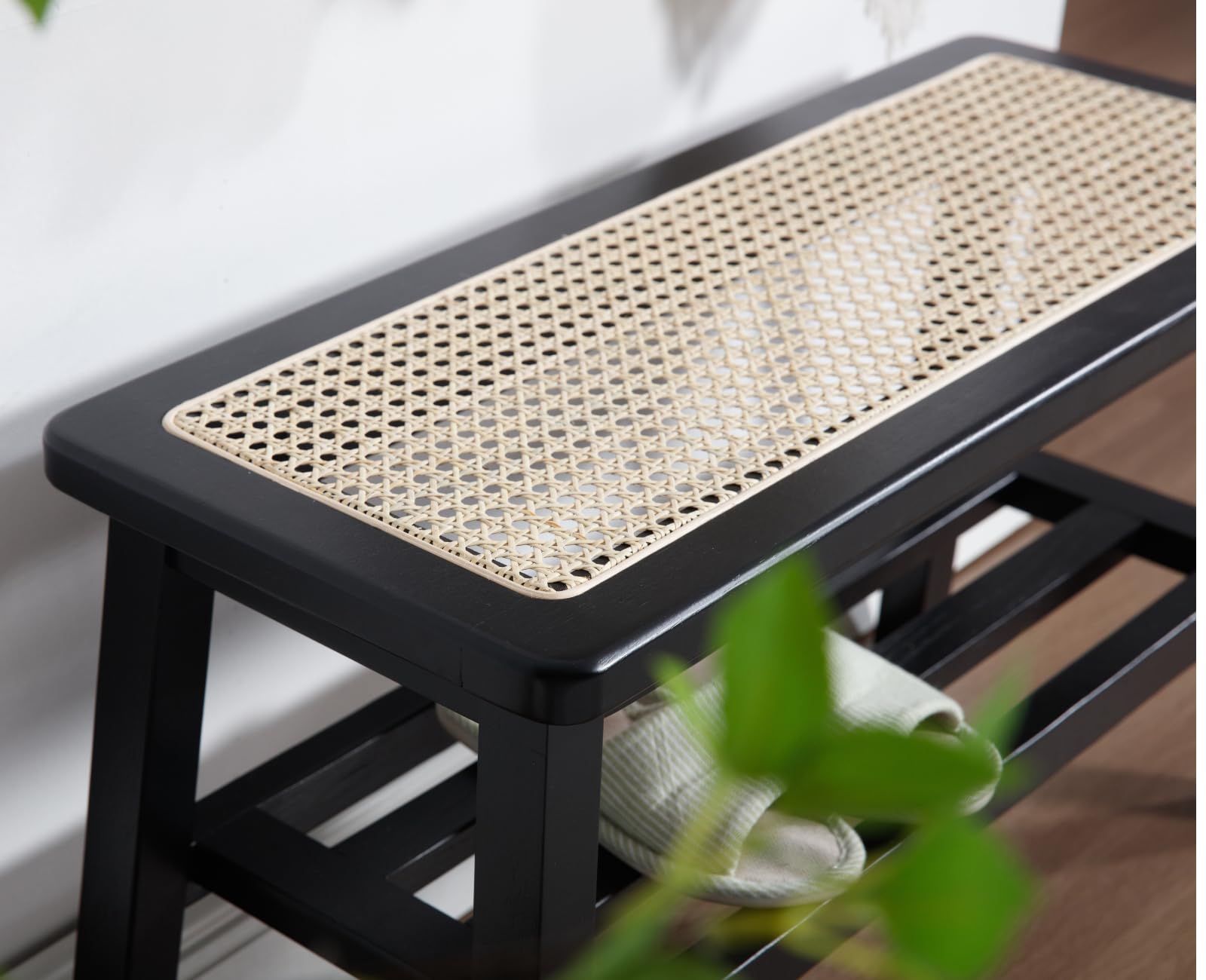 Ya-Home Banco de Cocina de Rattan, Banco Zapatero, Banco Madera Recibidor para Salon/Oficina,Negro
