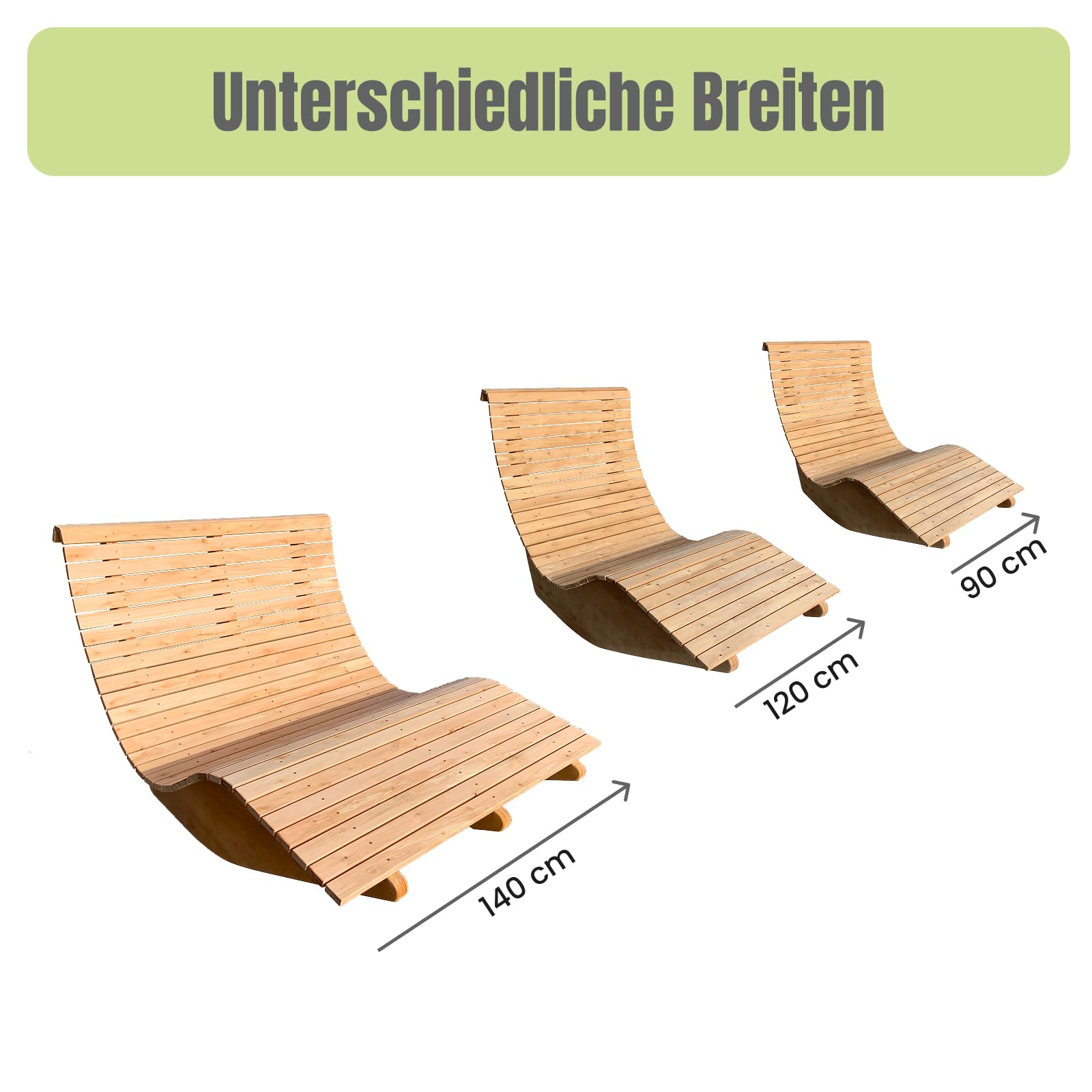 Sonnenliege Holz - 90 cm breit – ergonomische Gartenliege aus Eukalyptus mit Wipp-Funktion, wetterfeste Wellenliege für Garten, Terrasse & Sauna, geschwungene Relaxliege 90 cm breit