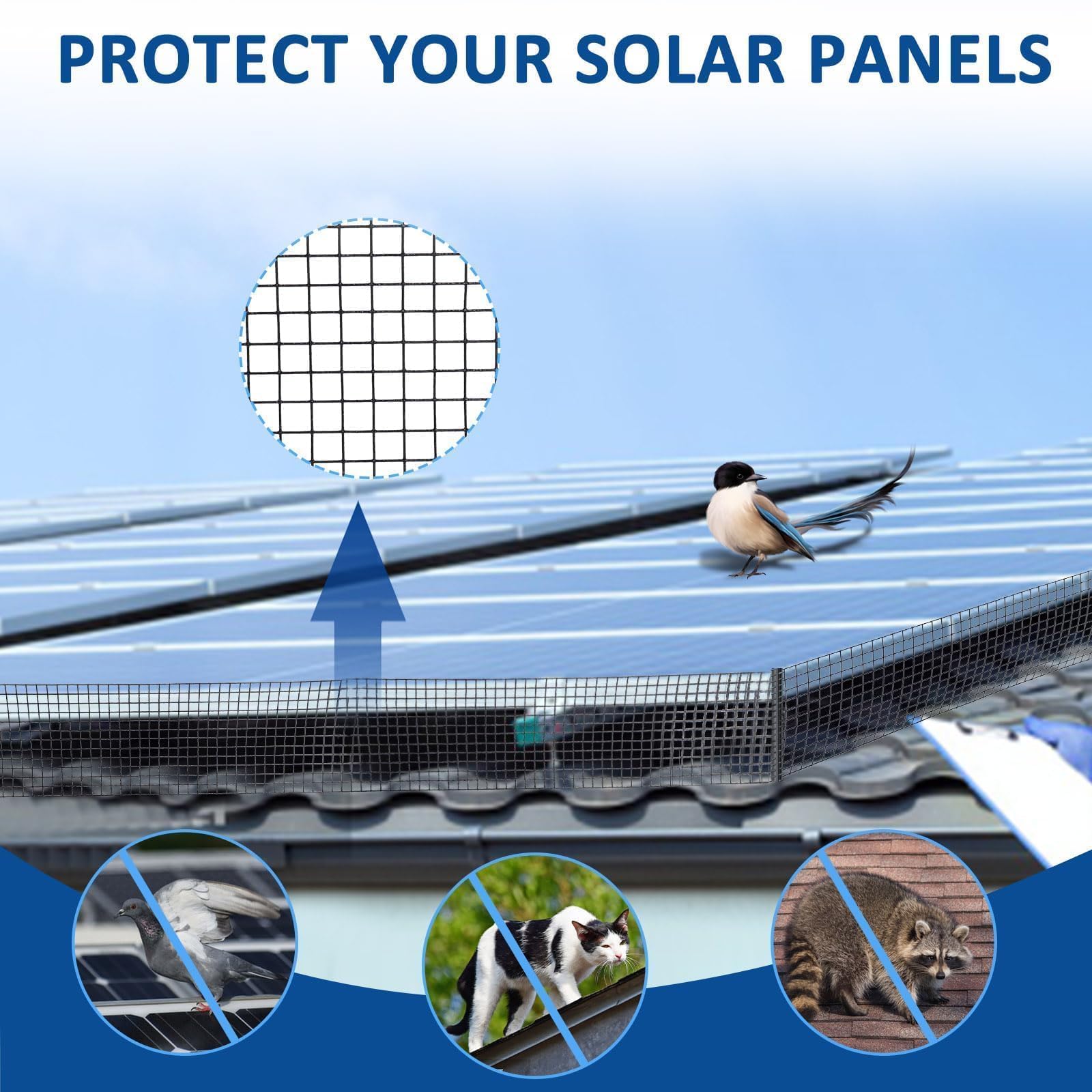Protector de Malla de Alambre para Paneles Solares de Tejado, 25 cm X 30 m | PVC Malla de Protección de Paneles Solares en Rollo Antipalomas con 70 Fijaciones de Acero Inoxidable, Rodillos Antipalomas