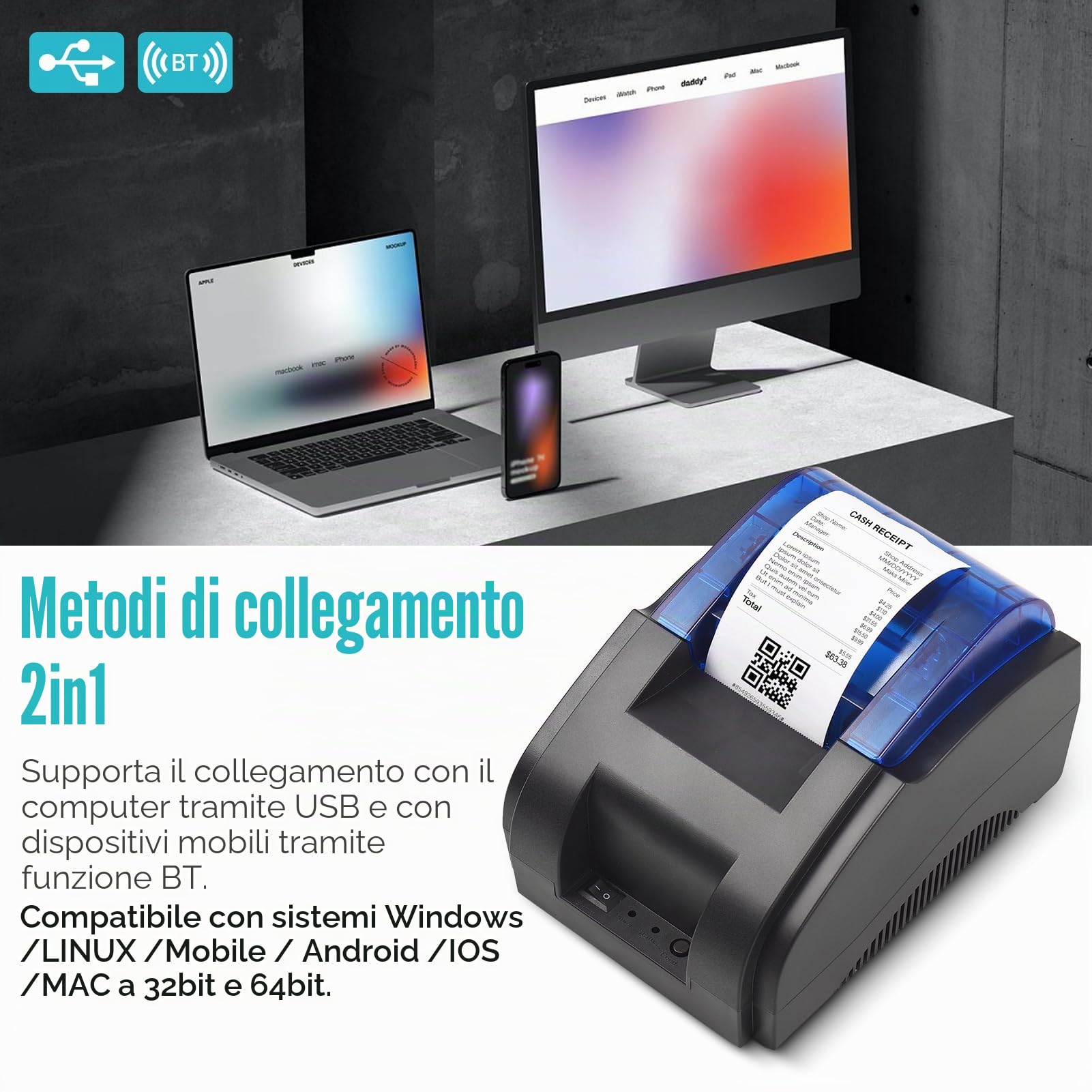 Shuaiguō Stampante termica 58 mm USB+BT 203 DPI compatibile con /Linux/Mac/Android/iOS