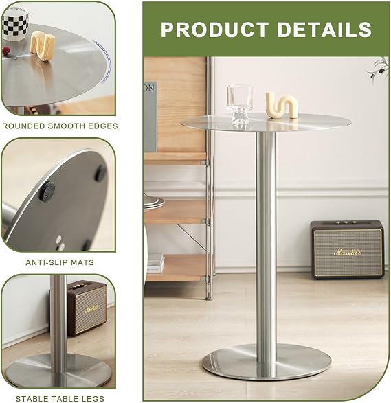Round Bar Height Cocktail Table with Sturdy Base, Tall Pub Bistro Table, Stainless Steel Conference Table Coffee Meeting Table, Indoor/Outdoor Restaurant Tables(Size:60x60x105cm)