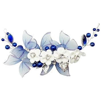 Blue White Floral Silver Hair Vine Accessories for Wedding Prom