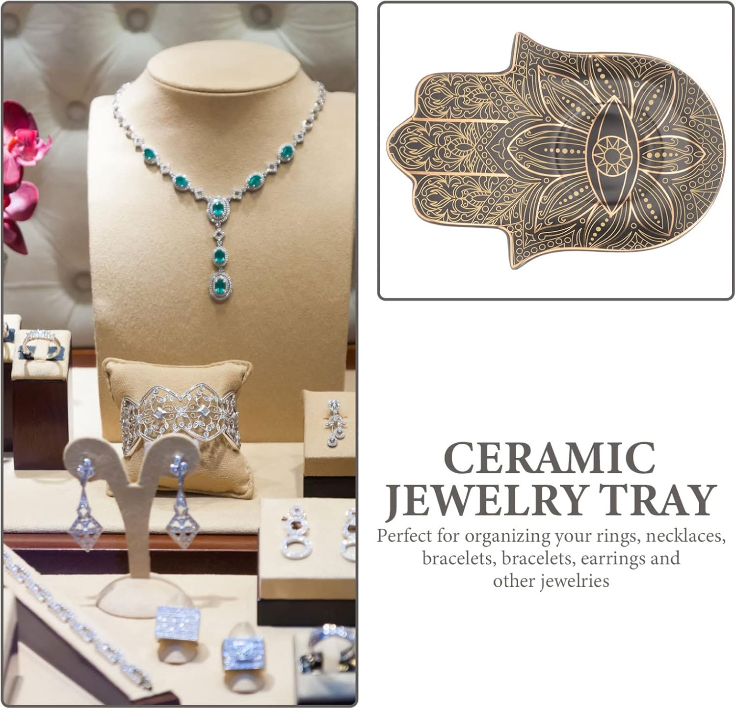 Zerodeko Trinket Jewelry Dish Hamsa Evil Eye Hand Ceramic Ring Holder Earrings Necklaces Bracelet Watch Keys Tray Decorative Cup Coaster Plate Ashtary for Women